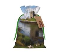 Burlap Santa Sack with Tags, Green Christmas Ribbon Holiday Gift Wrap Bag Reusable Drawstring Gift Bag View of The Dunguaire Castle Gift Wrapping Bags Personalized Christmas Sacks for Presents Medium