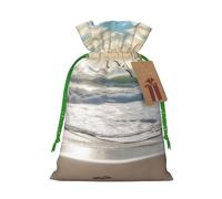 Burlap Santa Sack with Tags, Green Christmas Ribbon Holiday Gift Wrap Bag Reusable Drawstring Gift Bag Waves on The Beach with Sea Birds Gift Wrapping Bags Personalized Christmas Sacks for Presents