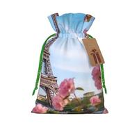 Burlap Santa Sack with Tags, Green Christmas Ribbon Holiday Gift Wrap Bag Reusable Drawstring Gift Bag Paris eiffel tower with flowers Gift Wrapping Bags Personalized Christmas Sacks for Presents