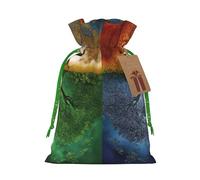 Burlap Santa Sack with Tags, Green Christmas Ribbon Holiday Gift Wrap Bag Reusable Drawstring Gift Bag Four Season Tree of Life Gift Wrapping Bags Personalized Christmas Sacks for Presents Medium