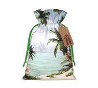 Burlap Santa Sack with Tags, Green Christmas Ribbon Holiday Gift Wrap Bag Reusable Drawstring Gift Bag Tropical Palm Trees Gift Wrapping Bags Personalized Christmas Sacks for Presents Small