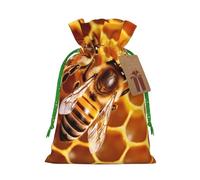 Burlap Santa Sack with Tags, Green Christmas Ribbon Holiday Gift Wrap Bag Reusable Drawstring Gift Bag Bee On Honeycomb Gift Wrapping Bags Personalized Christmas Sacks for Presents Medium