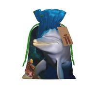Burlap Santa Sack with Tags, Green Christmas Ribbon Holiday Gift Wrap Bag Reusable Drawstring Gift Bag Dolphin On Coral Gift Wrapping Bags Personalized Christmas Sacks for Presents Medium