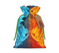 Burlap Santa Sack with Tags, Green Christmas Ribbon Holiday Gift Wrap Bag Reusable Drawstring Gift Bag Fire vs ice art Gift Wrapping Bags Personalized Christmas Sacks for Presents Medium