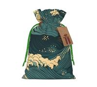 Burlap Santa Sack with Tags, Green Christmas Ribbon Holiday Gift Wrap Bag Reusable Drawstring Gift Bag Japan Wave Wallpapers Gift Wrapping Bags Personalized Christmas Sacks for Presents Small