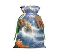 Burlap Santa Sack with Tags, Green Christmas Ribbon Holiday Gift Wrap Bag Reusable Drawstring Gift Bag Lighthouse Diamond Painting Gift Wrapping Bags Personalized Christmas Sacks for Presents Medium