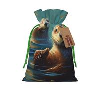 Burlap Santa Sack with Tags, Green Christmas Ribbon Holiday Gift Wrap Bag Reusable Drawstring Gift Bag Sea Otters Painting Gift Wrapping Bags Personalized Christmas Sacks for Presents Small