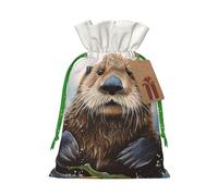 Burlap Santa Sack with Tags, Green Christmas Ribbon Holiday Gift Wrap Bag Reusable Drawstring Gift Bag Sea Otter Gift Wrapping Bags Personalized Christmas Sacks for Presents Medium