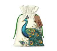 Burlap Santa Sack with Tags, Green Christmas Ribbon Holiday Gift Wrap Bag Reusable Drawstring Gift Bag Peacock pattern Gift Wrapping Bags Personalized Christmas Sacks for Presents Medium