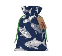 Burlap Santa Sack with Tags, Green Christmas Ribbon Holiday Gift Wrap Bag Reusable Drawstring Gift Bag Various Sea Fish Pattern Gift Wrapping Bags Personalized Christmas Sacks for Presents Small