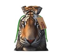 Burlap Santa Sack with Tags, Green Christmas Ribbon Holiday Gift Wrap Bag Reusable Drawstring Gift Bag Tiger Gift Wrapping Bags Personalized Christmas Sacks for Presents Medium
