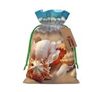 Burlap Santa Sack with Tags, Green Christmas Ribbon Holiday Gift Wrap Bag Reusable Drawstring Gift Bag Seashells on the sandy beach Gift Wrapping Bags Personalized Christmas Sacks for Presents Small