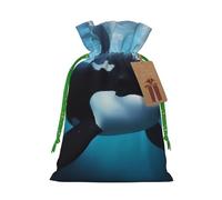 Burlap Santa Sack with Tags, Green Christmas Ribbon Holiday Gift Wrap Bag Reusable Drawstring Gift Bag Killer whale Gift Wrapping Bags Personalized Christmas Sacks for Presents Small