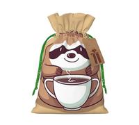 Burlap Santa Sack with Tags, Green Christmas Ribbon Holiday Gift Wrap Bag Reusable Drawstring Gift Bag Yoga Sloth Coffee Gift Wrapping Bags Personalized Christmas Sacks for Presents Small