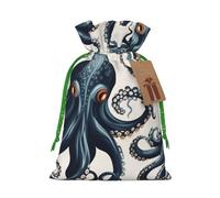 Burlap Santa Sack with Tags, Green Christmas Ribbon Holiday Gift Wrap Bag Reusable Drawstring Gift Bag Octopus pattern Gift Wrapping Bags Personalized Christmas Sacks for Presents Small
