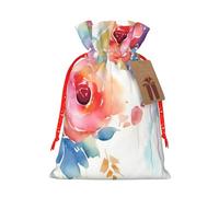 Burlap Santa Sack with Tags, Red Christmas Ribbon Holiday Gift Wrap Bag Reusable Drawstring Christmas Gift Bag Watercolor Floral Gift Wrapping Bags Personalized Xmas Sacks for Presents Medium