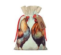 Burlap Santa Sack with Tags, Red Christmas Ribbon Holiday Gift Wrap Bag Reusable Drawstring Christmas Gift Bag Rooster and hen Gift Wrapping Bags Personalized Xmas Sacks for Presents Medium