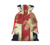 Burlap Santa Sack with Tags, Red Christmas Ribbon Holiday Gift Wrap Bag Reusable Drawstring Christmas Gift Bag Vintage Union Jack British Flag Gift Wrapping Bags Personalized Xmas Sacks for Presents