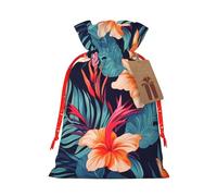 Burlap Santa Sack with Tags, Red Christmas Ribbon Holiday Gift Wrap Bag Reusable Drawstring Christmas Gift Bag Hawaii Tropical Flower Gift Wrapping Bags Personalized Xmas Sacks for Presents Small