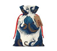 Burlap Santa Sack with Tags, Red Christmas Ribbon Holiday Gift Wrap Bag Reusable Drawstring Christmas Gift Bag Tentacles octopus Gift Wrapping Bags Personalized Xmas Sacks for Presents Medium