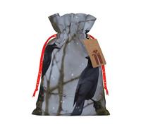 Burlap Santa Sack with Tags, Red Christmas Ribbon Holiday Gift Wrap Bag Reusable Drawstring Christmas Gift Bag Black Crow Birds Gift Wrapping Bags Personalized Xmas Sacks for Presents Medium