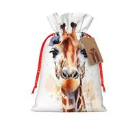 Burlap Santa Sack with Tags, Red Christmas Ribbon Holiday Gift Wrap Bag Reusable Drawstring Gift Bag Stylish Animal Watercolor Giraffe Gift Wrapping Bags Personalized Christmas Sacks for Presents