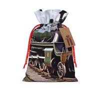 Burlap Santa Sack with Tags, Red Christmas Ribbon Holiday Gift Wrap Bag Reusable Drawstring Gift Bag Steam Locomotive Train Gift Wrapping Bags Personalized Christmas Sacks for Presents Small