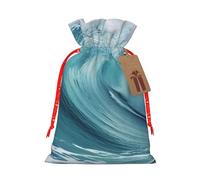 Burlap Santa Sack with Tags, Red Christmas Ribbon Holiday Gift Wrap Bag Reusable Drawstring Gift Bag Ocean Waves Gift Wrapping Bags Personalized Christmas Sacks for Presents Medium