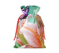 Burlap Santa Sack with Tags, Red Christmas Ribbon Holiday Gift Wrap Bag Reusable Drawstring Gift Bag Lilies and Butterfly Gift Wrapping Bags Personalized Christmas Sacks for Presents Small