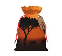Burlap Santa Sack with Tags, Red Christmas Ribbon Holiday Gift Wrap Bag Reusable Drawstring Gift Bag Sunset African Savanna Gift Wrapping Bags Personalized Christmas Sacks for Presents Small