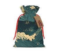 Burlap Santa Sack with Tags, Red Christmas Ribbon Holiday Gift Wrap Bag Reusable Drawstring Gift Bag Japan Wave Wallpapers Gift Wrapping Bags Personalized Christmas Sacks for Presents Medium