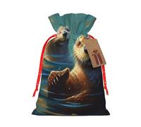 Burlap Santa Sack with Tags, Red Christmas Ribbon Holiday Gift Wrap Bag Reusable Drawstring Gift Bag Sea Otters Painting Gift Wrapping Bags Personalized Christmas Sacks for Presents Medium