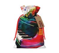 Burlap Santa Sack with Tags, Red Christmas Ribbon Holiday Gift Wrap Bag Reusable Drawstring Gift Bag Colorful Piano Keyboard Music Gift Wrapping Bags Personalized Christmas Sacks for Presents Small