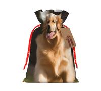 Burlap Santa Sack with Tags, Red Christmas Ribbon Holiday Gift Wrap Bag Reusable Drawstring Gift Bag Golden Retriever Dog Gift Wrapping Bags Personalized Christmas Sacks for Presents Medium