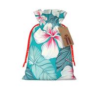 Burlap Santa Sack with Tags, Red Christmas Ribbon Holiday Gift Wrap Bag Reusable Drawstring Gift Bag Tropical Hibiscus Flowers Gift Wrapping Bags Personalized Christmas Sacks for Presents Medium