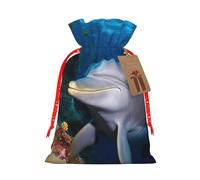 Burlap Santa Sack with Tags, Red Christmas Ribbon Holiday Gift Wrap Bag Reusable Drawstring Gift Bag Dolphin On Coral Gift Wrapping Bags Personalized Christmas Sacks for Presents Medium