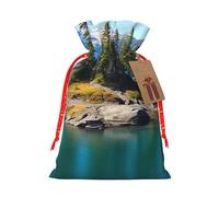 Burlap Santa Sack with Tags, Red Christmas Ribbon Holiday Gift Wrap Bag Reusable Drawstring Gift Bag Spirit Island in Lake Gift Wrapping Bags Personalized Christmas Sacks for Presents Medium