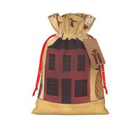 Burlap Santa Sack with Tags, Red Christmas Ribbon Holiday Gift Wrap Bag Reusable Drawstring Gift Bag Beige brown House and fruit Gift Wrapping Bags Personalized Christmas Sacks for Presents Medium