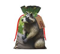 Burlap Santa Sack with Tags, Red Christmas Ribbon Holiday Gift Wrap Bag Reusable Drawstring Gift Bag Raccoon Statue Gift Wrapping Bags Personalized Christmas Sacks for Presents Small