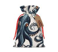 Burlap Santa Sack with Tags, Red Christmas Ribbon Holiday Gift Wrap Bag Reusable Drawstring Gift Bag Octopus pattern Gift Wrapping Bags Personalized Christmas Sacks for Presents Small