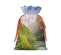 Burlap Santa Sack with Tags, Red Christmas Ribbon Holiday Gift Wrap Bag Reusable Drawstring Gift Bag Mountain Valley with Rainbow Gift Wrapping Bags Personalized Christmas Sacks for Presents Medium