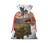 Burlap Santa Sack with Tags, Red Christmas Ribbon Holiday Gift Wrap Bag Reusable Drawstring Gift Bag Castle Near Lake Stones Gift Wrapping Bags Personalized Christmas Sacks for Presents Medium