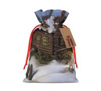 Burlap Santa Sack with Tags, Red Christmas Ribbon Holiday Gift Wrap Bag Reusable Drawstring Gift Bag Wooden Rustic Log Cottage Scenery Gift Wrapping Bags Personalized Christmas Sacks for Presents