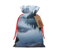 Burlap Santa Sack with Tags, Red Christmas Ribbon Holiday Gift Wrap Bag Reusable Drawstring Gift Bag Foggy Lake by Mount Rainier Gift Wrapping Bags Personalized Christmas Sacks for Presents Small