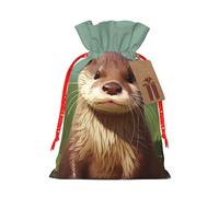 Burlap Santa Sack with Tags, Red Christmas Ribbon Holiday Gift Wrap Bag Reusable Drawstring Gift Bag Cute otter Gift Wrapping Bags Personalized Christmas Sacks for Presents Small