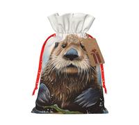 Burlap Santa Sack with Tags, Red Christmas Ribbon Holiday Gift Wrap Bag Reusable Drawstring Gift Bag Sea Otter Gift Wrapping Bags Personalized Christmas Sacks for Presents Small