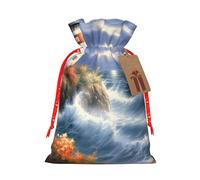 Burlap Santa Sack with Tags, Red Christmas Ribbon Holiday Gift Wrap Bag Reusable Drawstring Gift Bag Lighthouse Diamond Painting Gift Wrapping Bags Personalized Christmas Sacks for Presents Medium