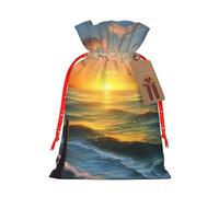 Burlap Santa Sack with Tags, Red Christmas Ribbon Holiday Gift Wrap Bag Reusable Drawstring Gift Bag Sunset Sea Gift Wrapping Bags Personalized Christmas Sacks for Presents Medium