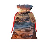 Burlap Santa Sack with Tags, Red Ribbon Holiday Gift Wrap Bag Reusable Drawstring Christmas Gift Bag Beach Maui Hawaii Sunset Sea Waves Clouds Gift Wrapping Bags Personalized Xmas Sacks for Presents