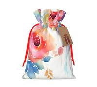 Burlap Santa Sack with Tags, Red Ribbon Holiday Gift Wrap Bag Reusable Drawstring Christmas Gift Bag Watercolor Floral Gift Wrapping Bags Personalized Xmas Sacks for Presents Medium